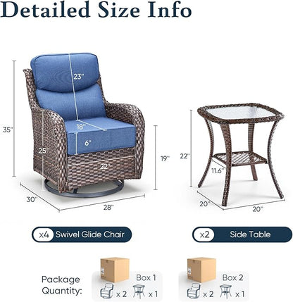 Belord Luxury 6" Thick Cushioned Outdoor Swivel Rocker Patio Chairs Set of 4 with Side Table, High Back Wicker Furniture Set with Ergonomic Zone Back, Conversation Set for Deck Porch - Brown+Blue
