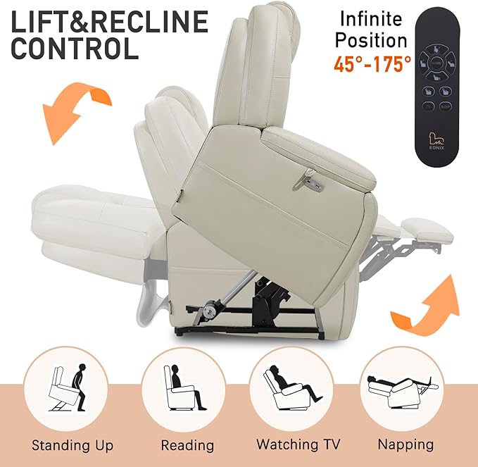 EONIX Triple Motor Lay Flat Power Lift Recliner Chair for Elderly with Adjustable Headrest, 400lbs Electirc Lift Chair for Living Room, Lumbar Pillow, Extended Footrest, Cream White