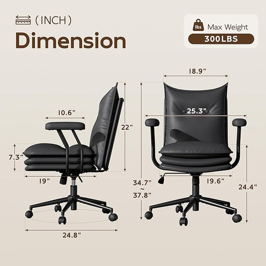 Black Leather Desk Chair with Wheels,Triple-Layers Thicken Wide Seat Height Adjustable,Mid Back,Desk Chair Comfy for Home,Office