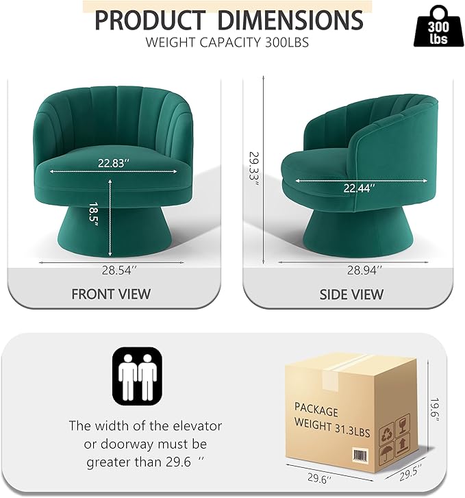 Swivel Accent Chair,Upholstered Velvet 360° Swivel Barrel Chair for Living Room Overstuffed Bouncle Reading Chair Round Armchair for Bedroom,Vanity,Office (Dark Green)