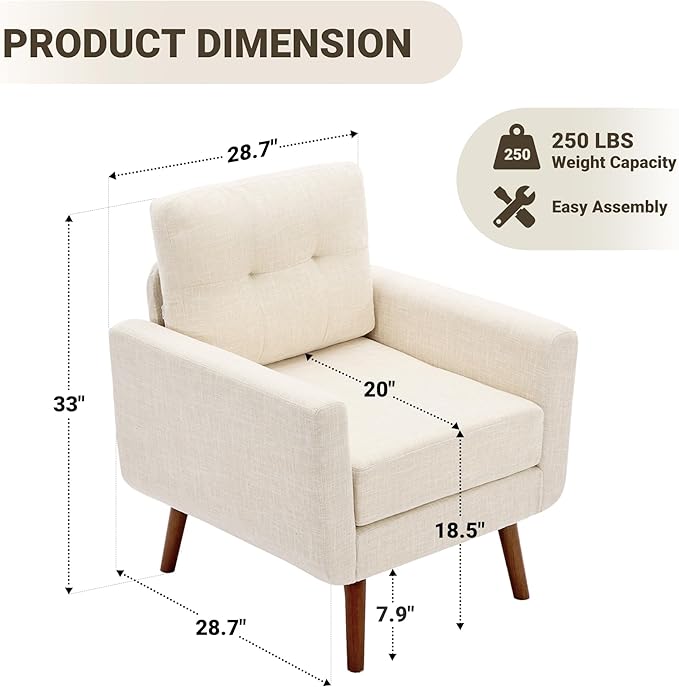 Tbfit Linen Fabric Accent Chairs Set of 2, Mid Century Modern Armchair for Living Room, Bedroom Button Tufted Upholstered Comfy Reading Accent Chair Sofa(Light Beige)