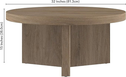 Henn&Hart 32" Fluted Round Low-Profile Coffee Table with Ribbed Pedestal Base for Living Room, Family Room, Office, or Apartment, Antiqued Gray Oak