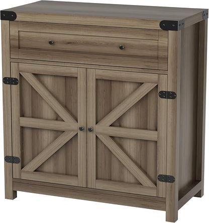 JUMMICO Coffee Bar Cabinet Farmhouse Kitchen Sideboard Buffet Cabinet with Drawer and Adjustable Shelf Barn Door Storage Cabinet for Kitchen, Dining Room, Bathroom, Entryway (Rustic Oak)