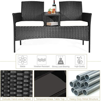 COSTWAY 2-Seat Patio Conversation Sets, Outdoor Patio Loveseat Set with Removable Cushions & Built-in Coffee Table for Backyard, Garden, Lawn, Balcony, Black+Beige