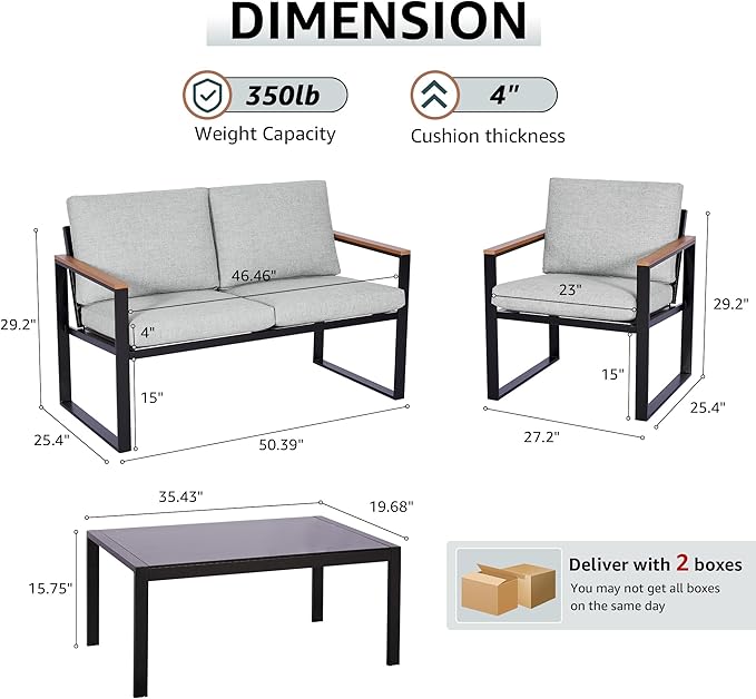 NATURAL EXPRESSIONS 4 Pieces Patio Furniture Sets,Outdoor Metal Sectional Furniture Modern Patio Conversation Set,Fauxwood Anti-Scald Armrest,Sling Mesh,Tempered-Glass Table,4" Olefin Cushions