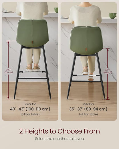VASAGLE Bar Stools Set of 2, Counter Height Bar Stools with Back, Ergonomic Backrest, Synthetic Leather, Metal Legs, 24.4-Inch Tall Barstools for Kitchen Island Home Bar, Easy Assembly, Forest Green