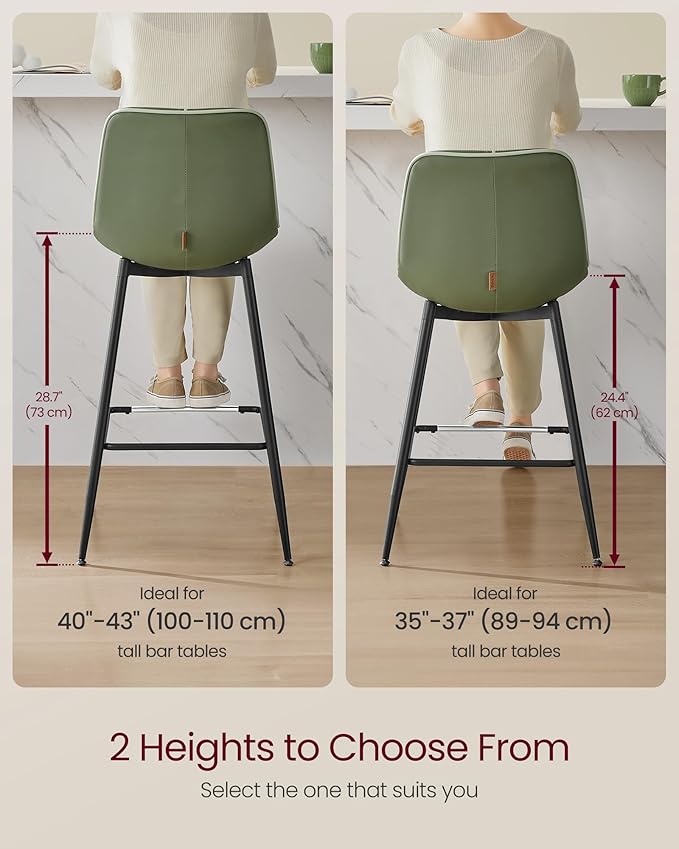 VASAGLE Bar Stools Set of 2, Bar Height Bar Stools with Back, Ergonomic Backrest, Synthetic Leather, Metal Legs, 28.7-Inch Tall Barstools for Kitchen Island Home Bar, Easy Assembly, Forest Green