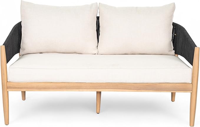 Christopher Knight Home Katarina Patio Acacia Wood Loveseat Furniture, Outdoor Loveseat Sofa with Comfy Fabric Cushions, 2-Seater Sofa with Handwoven Rope Backrest for Garden/Backyard, Black+Beige