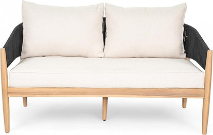 Christopher Knight Home Katarina Patio Acacia Wood Loveseat Furniture, Outdoor Loveseat Sofa with Comfy Fabric Cushions, 2-Seater Sofa with Handwoven Rope Backrest for Garden/Backyard, Black+Beige