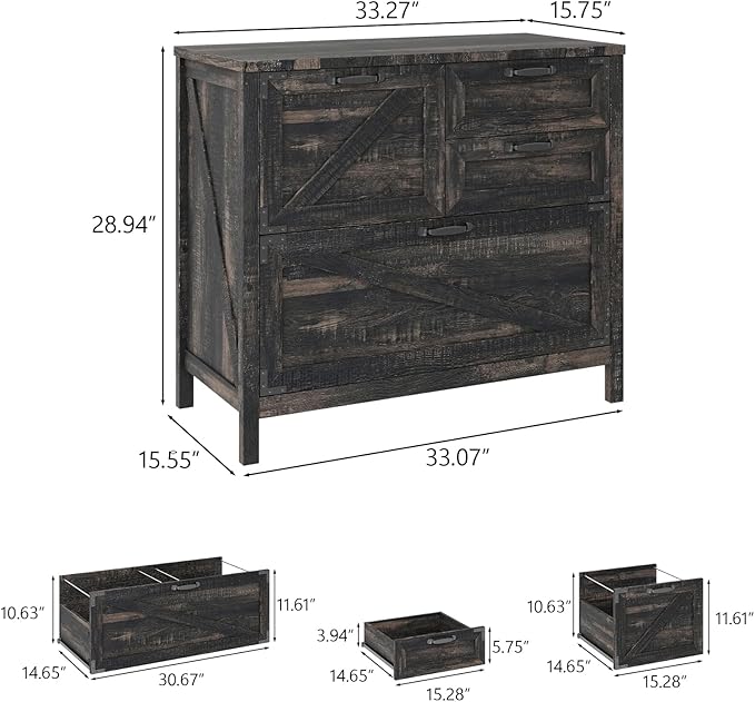 Lateral File Cabinet with 4 Drawers Farmhouse File Cabinet for Letter/Legal/A4 Size Hanging Files, Large Wood File Storage Cabinets Printer Stand for Home Office Cabinet, Dark Rustic Oak
