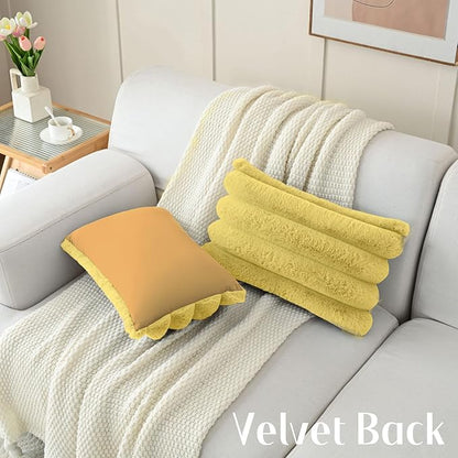 FUTEI Mustard Yellow Decorative Throw Pillow Covers 12x20 Inch Set of 2, Square Soft Faux Rabbit Fur Big Striped Cushion Cover,Home Decor for Couch Sofa Bed Living Room