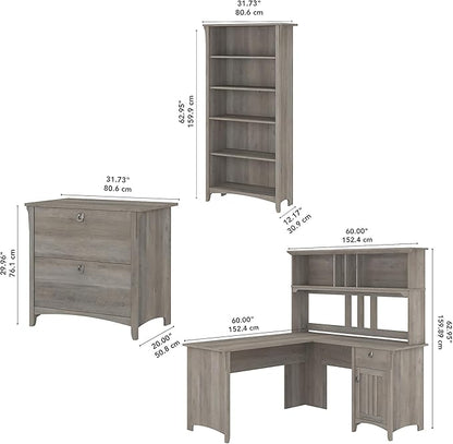 Bush Furniture Salinas L Shaped Desk with Hutch, File Cabinet and 5 Shelf Bookcase | 3 Piece Home Office Furniture Set in Driftwood Gray | L Shaped Corner Table with Storage