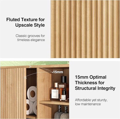 Fluted Bathroom Wall Cabinet, Small Medicine Wall Cabinet with Doors and Adjustable Shelves, Kitchen Wall Mounted Storage Cabinet, Floating Space Saver Over Toilet, Natural