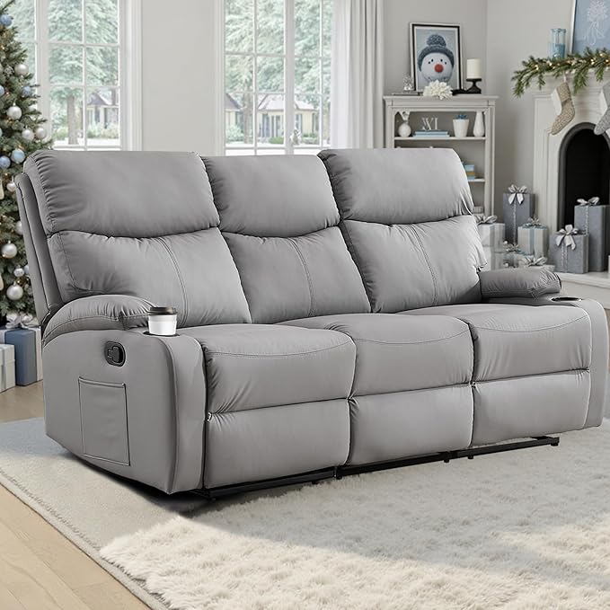 3-Seater Manual Seater Reclining Anti-Scratch 3 Seat Reclining Sofa with Side Pocket and Cupholders Reclining Loveseat Sofa for Living Room Meeting Room Bedroom Office Apartment