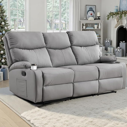 3-Seater Manual Seater Reclining Anti-Scratch 3 Seat Reclining Sofa with Side Pocket and Cupholders Reclining Loveseat Sofa for Living Room Meeting Room Bedroom Office Apartment
