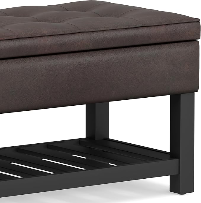SIMPLIHOME Cosmopolitan 44 inch WideTransitional Rectangle Storage Ottoman Bench with Open Bottom in Distressed Brown Vegan Faux Leather, Assembled for the Living Room and Bedroom