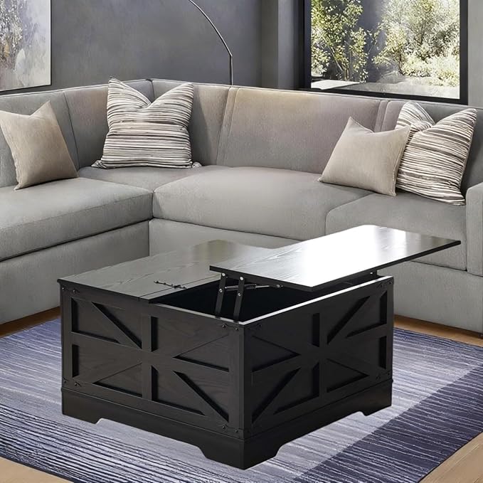 Farmhouse Coffee Table Set of 3, Lift Top Coffee Table with Sliding Barn Doors and Nightstands Set of 2 with Charging Station, Living Room Table Set for Home Office, Brown