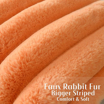 FUTEI Orange Decorative Throw Pillow Covers 22x22 Inch Set of 2, Square Soft Faux Rabbit Fur Thick Striped Cushion Cover,Winter Home Decor for Couch Bed Living Room