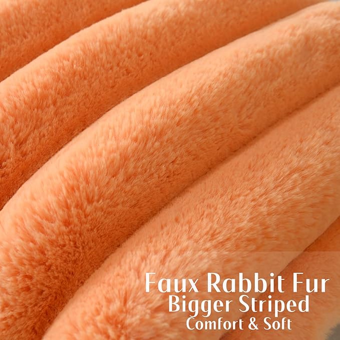 FUTEI Orange Decorative Throw Pillow Covers 20x20 Inch Set of 2, Square Soft Faux Rabbit Fur Thick Striped Cushion Cover,Winter Home Decor for Couch Bed Living Room