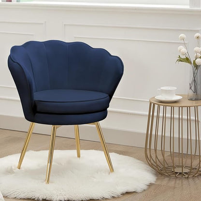 Velvet Vanity Chair with Back, Mid-Century Modern Small Accent Chair for Living Room, Golden Metal Legs Upholstered Makeup Chair, 1Pcs Bedroom Armchair, Dark Blue