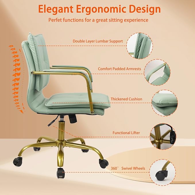 CLATINA Leather Home Office Desk Chairs, Swivel Mid-Back Computer Chair with Golden Legs and Arms, Comfy Upholstered Task Chair with Wheels, Green