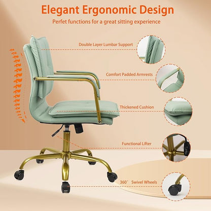 CLATINA Leather Home Office Desk Chairs, Swivel Mid-Back Computer Chair with Golden Legs and Arms, Comfy Upholstered Task Chair with Wheels, Green