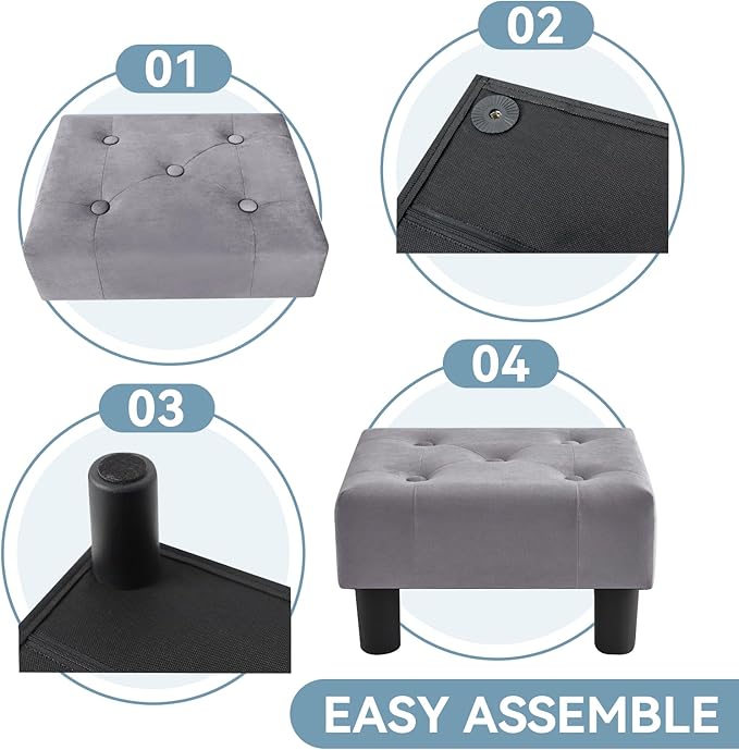 Poofzy Small Foot Stool Ottoman, Velvet Ottoman Foot Rest with Legs, Rectangle Foot Rest for Couch, Footstools and Ottomans Small for Living Room and Entryway (Gray)