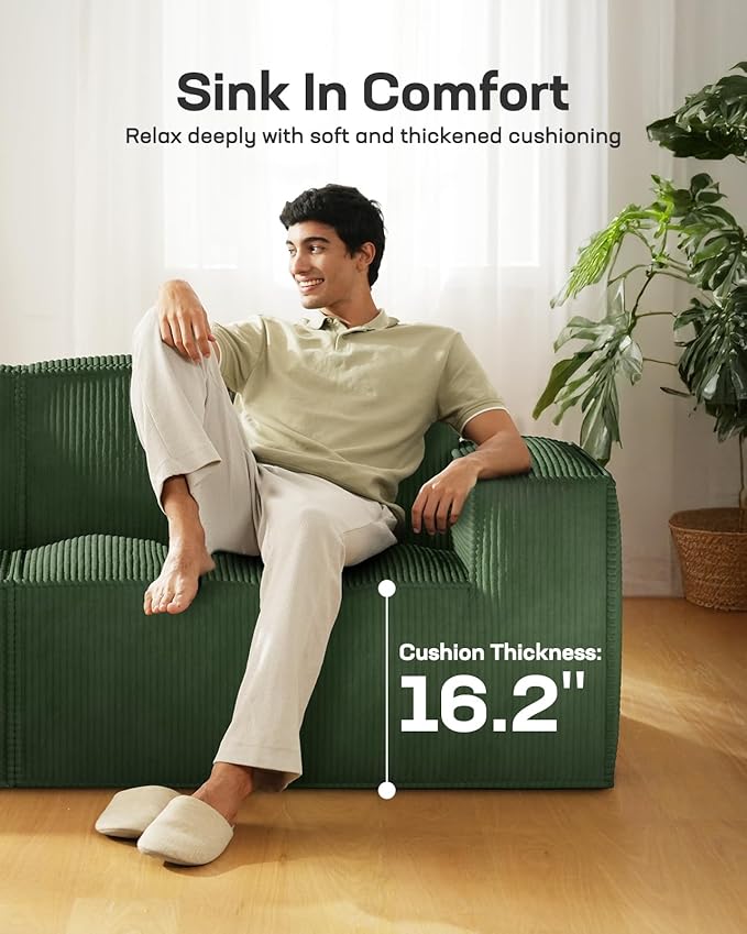 Marsail Modular Sectional Sofa, 111" L-Shaped Cloud Boneless Sectional Couch with Deep Seat, Freely Combinable Modern Sofa for Living Room, No Assembly, Plush Corduroy Fabric, Green
