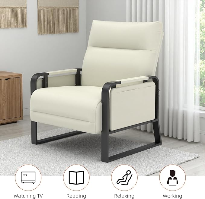 Upholstered Accent Chair, Modern Faux Leather Sofa Chair with Foldable Side Tray Table & Storage Pocket, Small Accent Sofa for Living Room, Bedroom, Reception Room, Beige