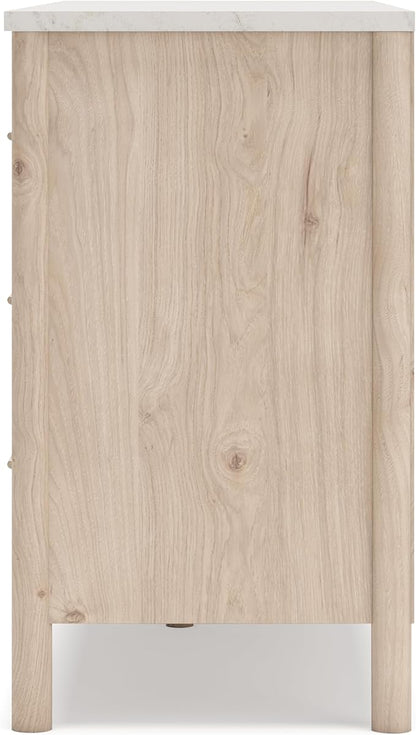 Signature Design by Ashley Cadmori Casual Bohemian Dresser with Post Legs and 6 Drawers, Replicated Marble Top, Wood, 35" High, White and Light Brown Finish