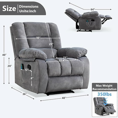 ANJHOME Massage Recliner Chairs with Heat and Vibration,Overstuffed Manual Rocking Reclining Chair for Living Room Bedroom (Light Grey)