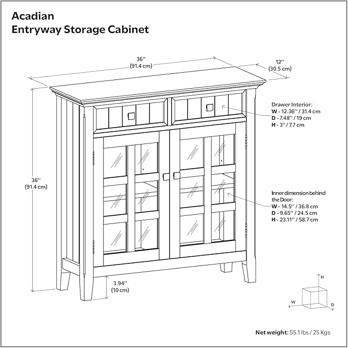 SIMPLIHOME Acadian SOLID WOOD 36 inch Wide Transitional Entryway Storage Cabinet in Natural Aged Brown for the Living Room, Entryway and Family Room