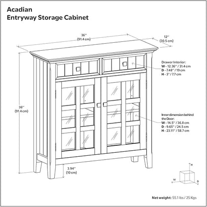 SIMPLIHOME Acadian SOLID WOOD 36 Inch Wide Rustic Entryway Hallway Storage Cabinet in Fog Grey, For the Living Room, Entryway and Family Room