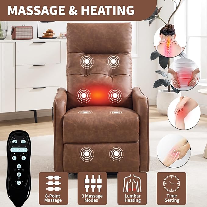 PELUMY Manual Lift Recliner Chair with Massage and Heat for Elderly, Single Motor Electric Lift Chair, Heavy Duty Recliner with USB Charging & Side Pockets (Breathable Leather, Yellow Brown)
