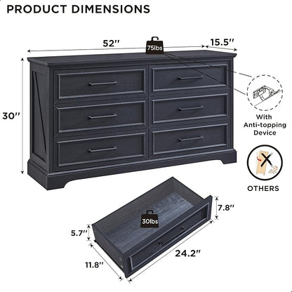 ACCOHOHO Farmhouse 6 Drawer Dresser for Bedroom, 52 Inch Wide Modern Dresser TV Stand with Large Drawers & Bar Handles, Rustic Wood Chest of Drawers for Bedroom, Living Room, Hallway, Black