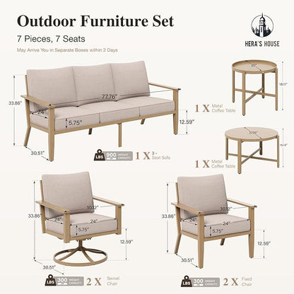 HERA'S HOUSE Patio Furniture Set 7-Piece, Metal Outdoor Conversation Set with Wood Grain Finish, 2 x Leg Chair, 2 x Swivel Chair, 1 x 3-Seat Sofa, 2 x Multi-Functional Coffee Table Garden Deck Lawn