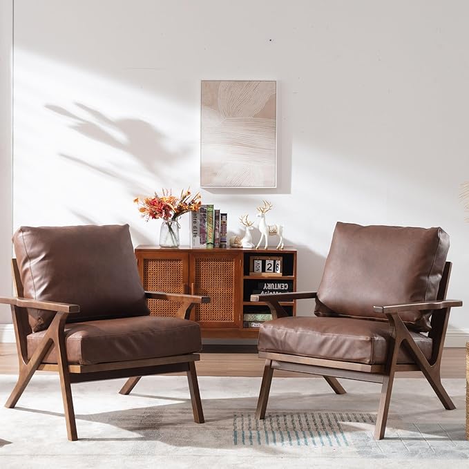 Wahson Brown Leather Accent Chair - Mid Century Modern Retro Upholstered Armchair with Wood Frame and Removable PU Cushions - Large Compfy Leisure Slipper Chair for Living Room/Bedroom (Set of 2)