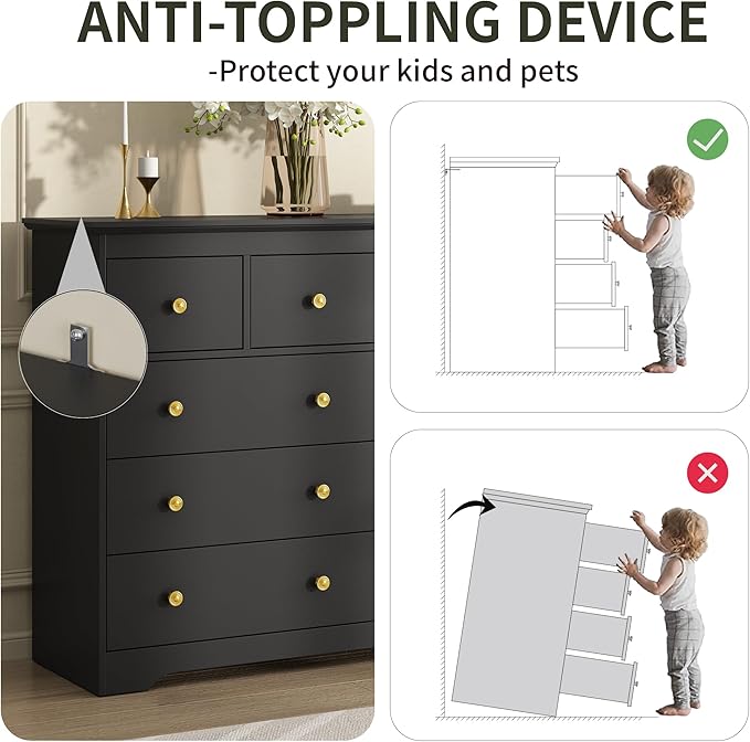 Black Dresser for Bedroom, 10 Drawer Dresser with Large Drawers, 55 Inch Wide Wood Chest for Living Room, Hallway