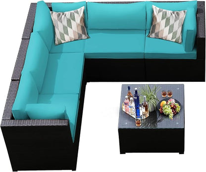 Tangkula 6 Pieces Patio Furniture Set, Outdoor Rattan Sofa Set, Wicker Conversation Set w/Tempered Glass Coffee Table & Cushions, Sectional Sofa Set for Backyard, Garden, Balcony, Poolside