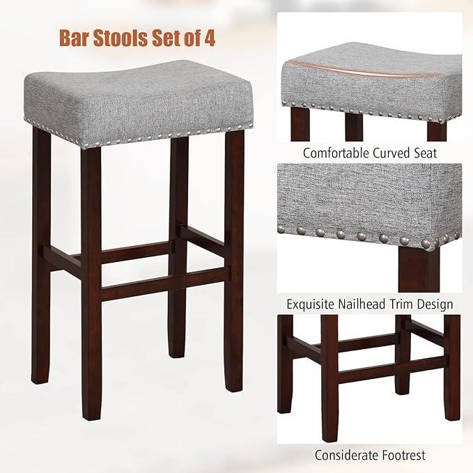 COSTWAY Counter Height Bar Stools Set of 4, 29.5-inch Backless Saddle Stools with Nailhead Trim, Rubber Wood Frame, Footrest, Max Load 330 Lbs, Upholstered Barstools for Kitchen Island Pub, Grey