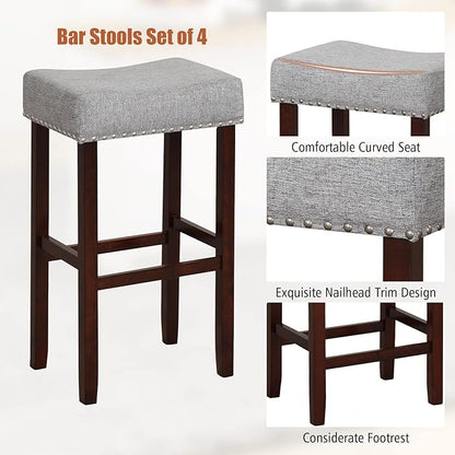 COSTWAY Counter Height Bar Stools Set of 4, 29.5-inch Backless Saddle Stools with Nailhead Trim, Rubber Wood Frame, Footrest, Max Load 330 Lbs, Upholstered Barstools for Kitchen Island Pub, Grey