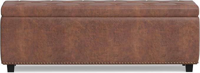SIMPLIHOME Hamilton 48 inch Wide Transitional Rectangle Storage Ottoman in Distressed Umber Brown Vegan Faux Leather, Assembled, For the Living Room, Entryway and Family Room