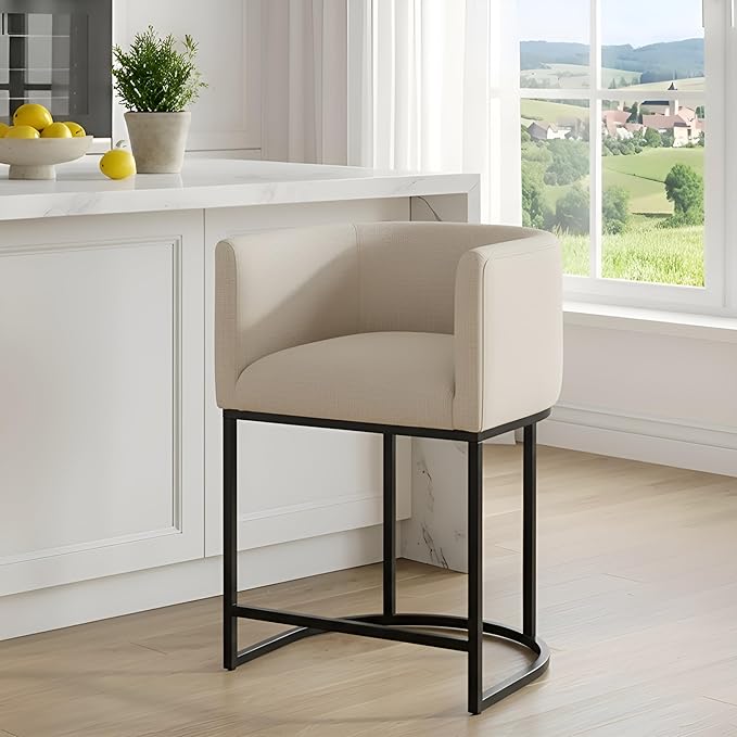 Contemporary Cream Linen Bar Stool, 24" Upholstered Fabric Counter Height Barstool Kitchen Counter Island Stool with Screwed Together Black Metal Base