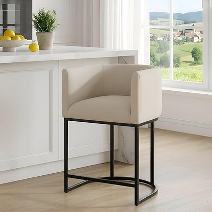 Contemporary Cream Linen Bar Stool, 24" Upholstered Fabric Counter Height Barstool Kitchen Counter Island Stool with Screwed Together Black Metal Base