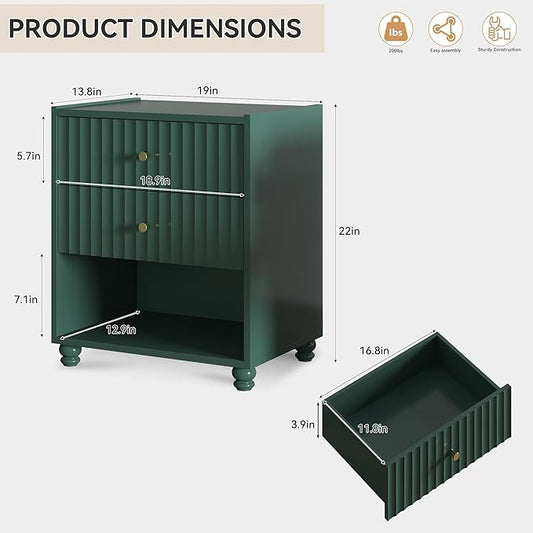 Modern Nightstand Set of 2, Fluted End Table with Open Shelf, Night Stand with 2 Drawers for Bedroom (Green)