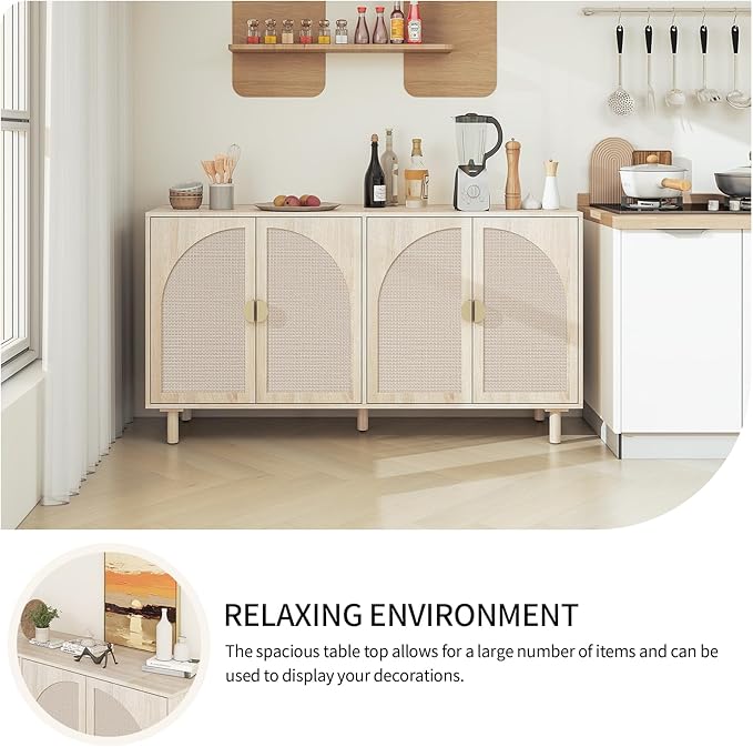 Beige Rattan 4-Door Buffet Cabinet - Boho Style Sideboard with Storage for Dining & Living Room