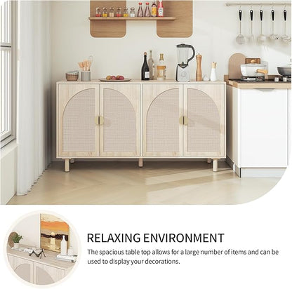 Beige Rattan 4-Door Buffet Cabinet - Boho Style Sideboard with Storage for Dining & Living Room