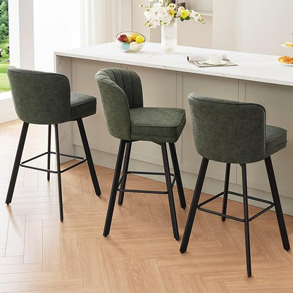 Swivel Counter Height Bar Stools Set of 4, 30'' Modern Barstools with Backs and Metal Legs, Upholstered Bar Chairs, Faux Leather Green Stools for Kitchen Island Chairs