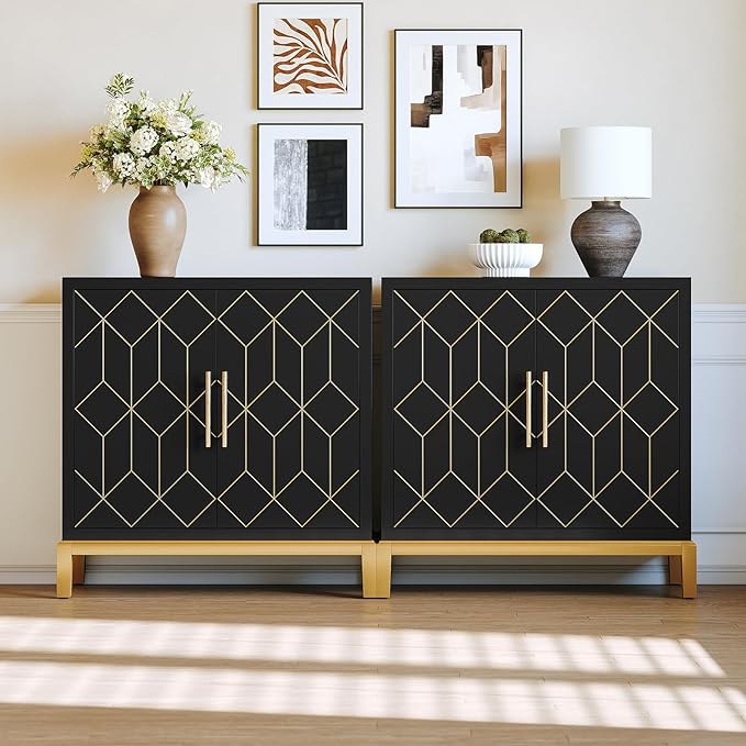 HLR Accent Cabinet with Gold Trim Set of 2,Storage Cabinet with 2 Doors,Modern Wooden Sideboard for Living Room, Kitchen, Office and Hallway(Black)