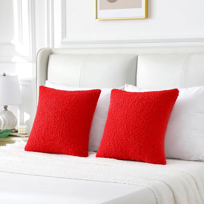 FUTEI Christmas Red Throw Pillow Covers 24x24 Inch Set of 2,Furry Faux Fur Teddy Boucle Textured Cushion Covers,Soft Fluffy European Pillow Shams,Home Decor for Couch Bed Living Room Office Car